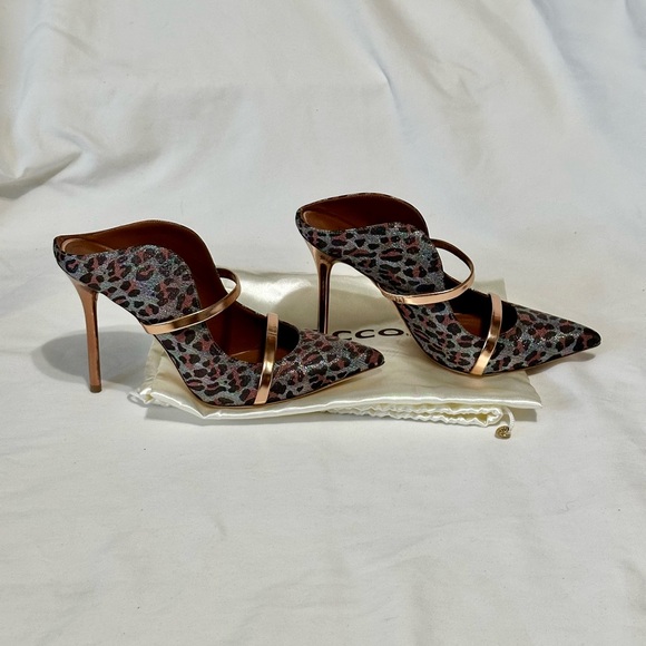 Malone Souliers Leopard Print Maureen Mules with Rose Gold Straps and heel - Picture 2 of 8